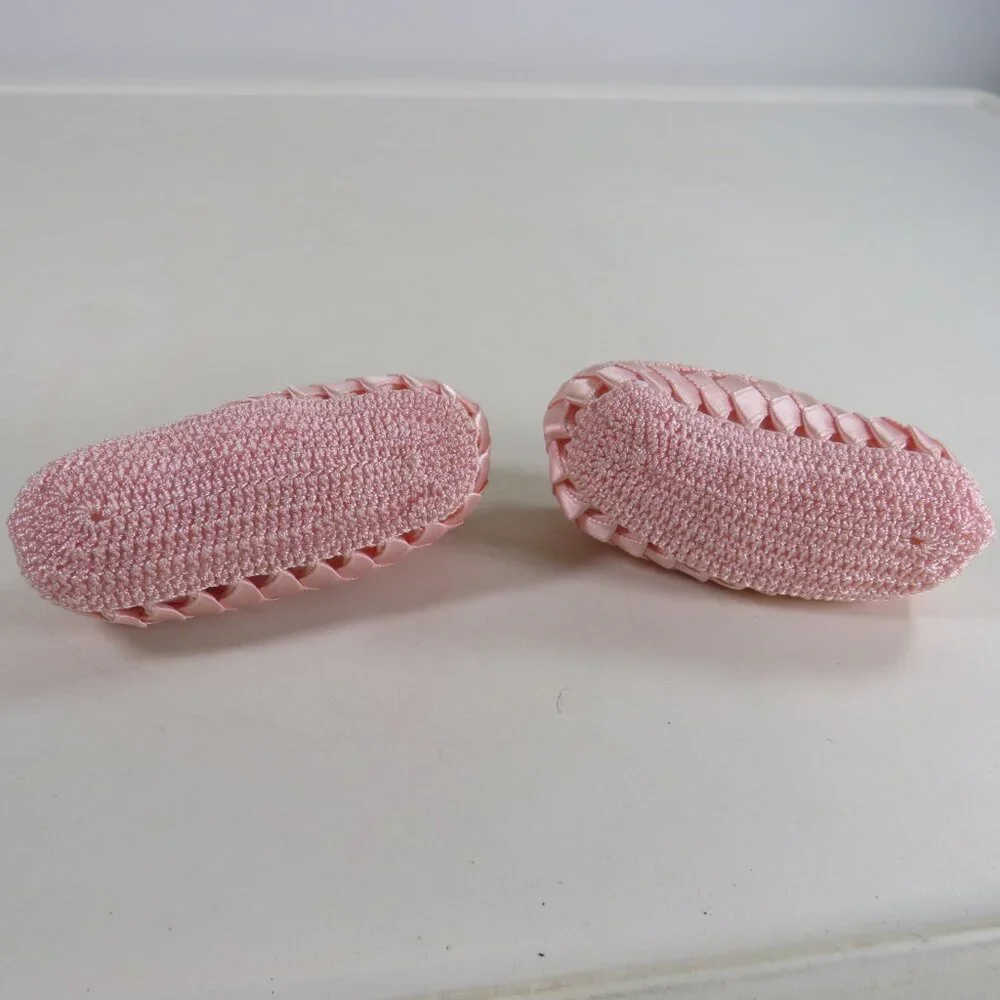 Baby Pink Ribbon Embroidered & Crocheted Shoes Newborn 3 3/4